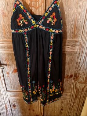 Black Embroidered Floral Summer Dress - Boho Slip Dress